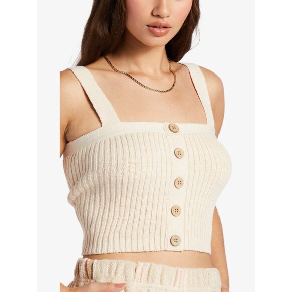 ROXY In Afternoon Crop Tank Top Sz M Tan Ribbed Button Down Cotton Acrylic Knit - Picture 1 of 10